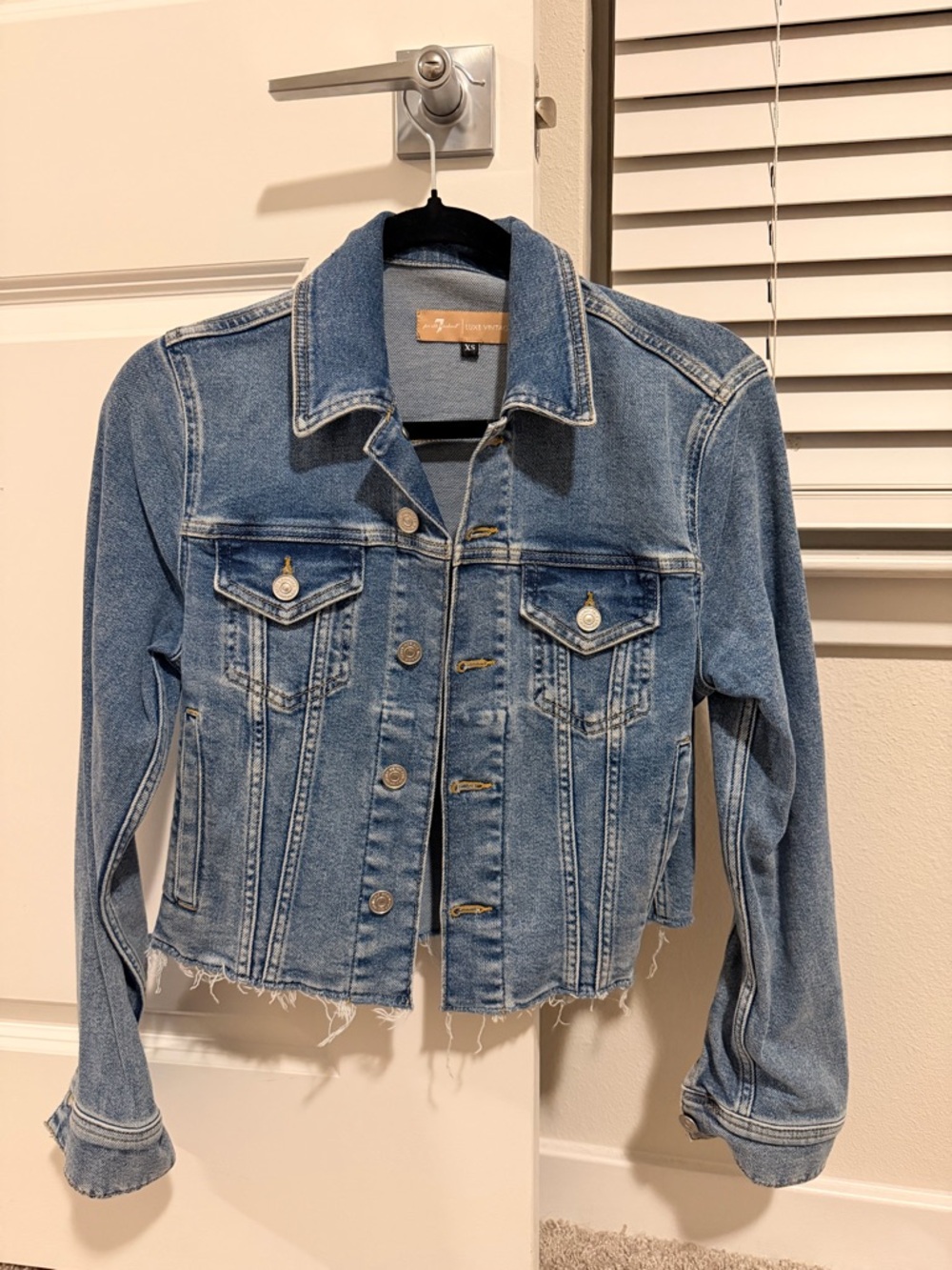 7 For All Mankind Women’s Washed Blue Denim Jacket - Casual Cropped Trucker